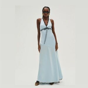 NWT For Love And Lemons Sky Blue Mariella Maxi Dress with Black Details